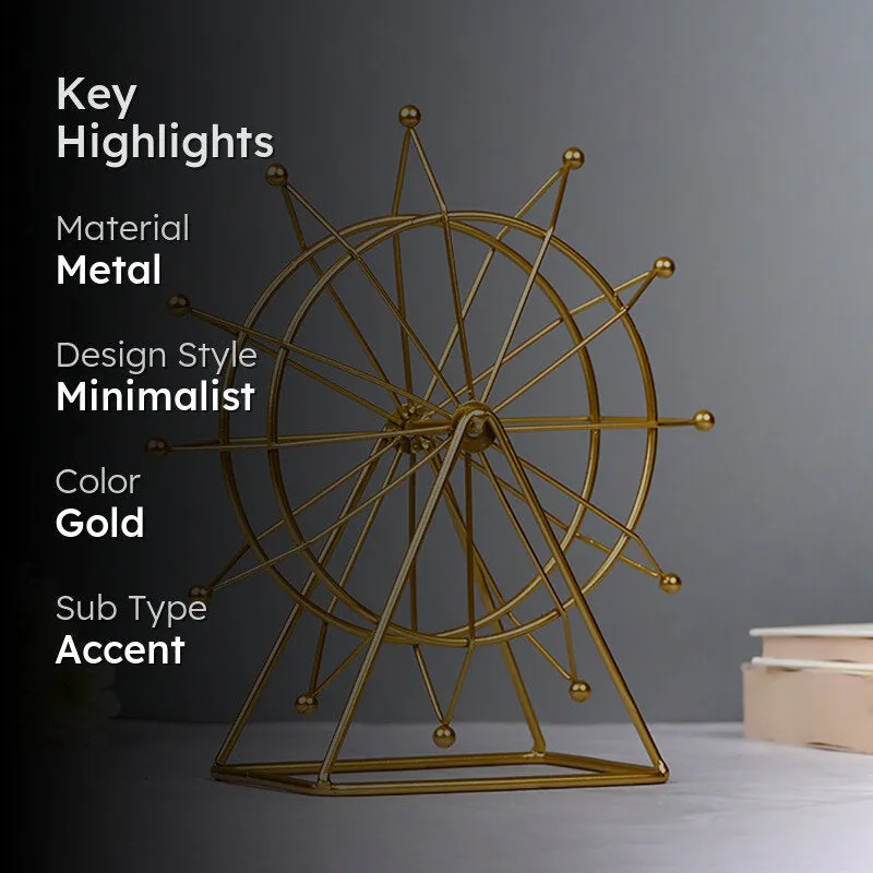 Gold Ferris wheel showpiece displayed on a tabletop with soft decor styling