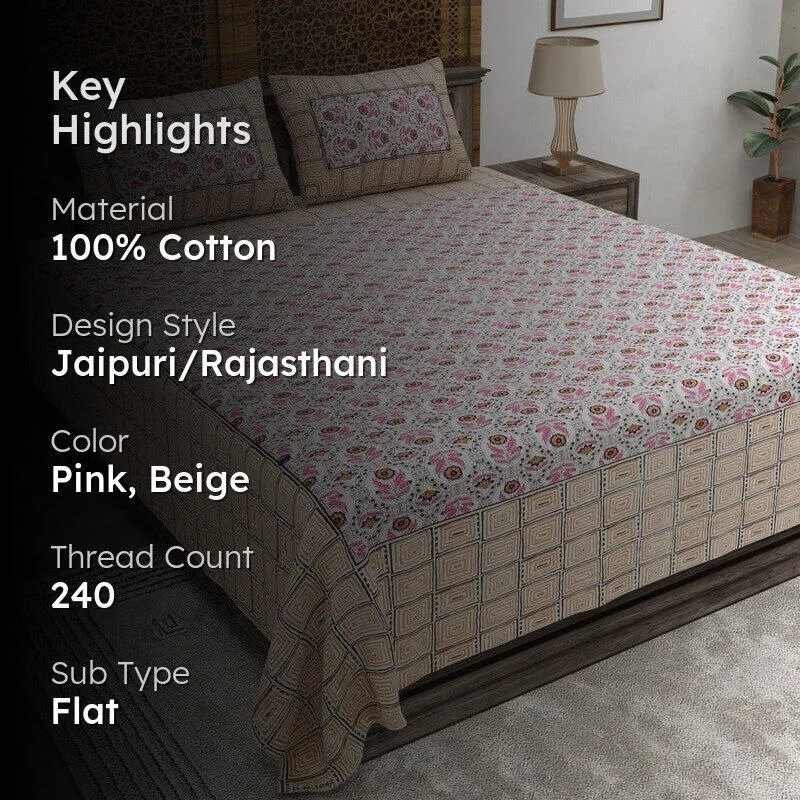 Aurao Cotton Bedsheet (Pink,Beige) - 240 TC media 2
