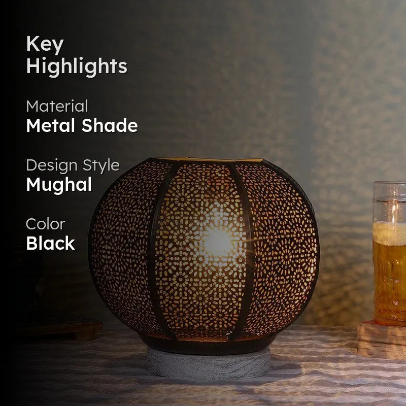 Nira Round Etched Metal Table Lamp With Wooden Base - Black media 2