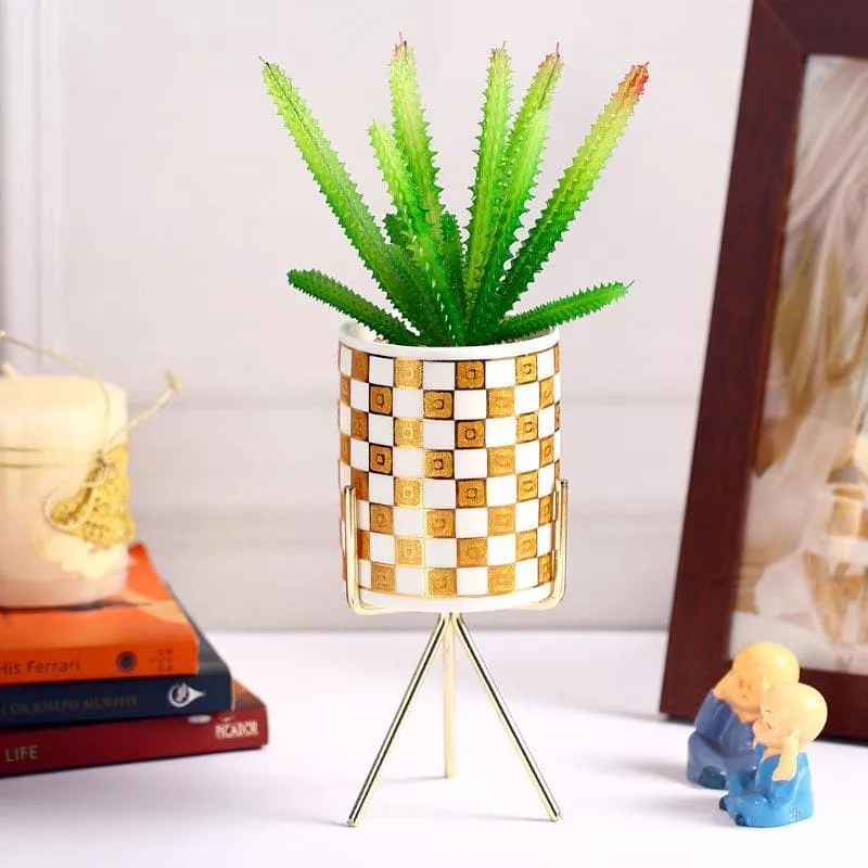 Faux Senecio In Checkered Pot With Tripod - 29.5 cms media 1