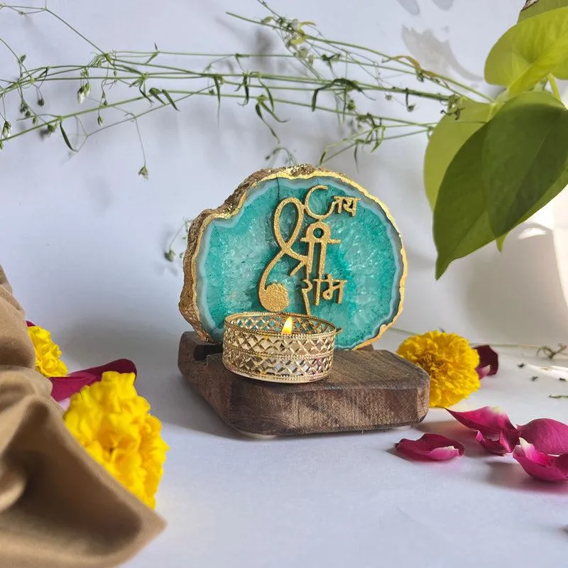 Jai Shri Ram Handcrafted Agate Religious Accent With Tealight Candle Holder - Green media 3