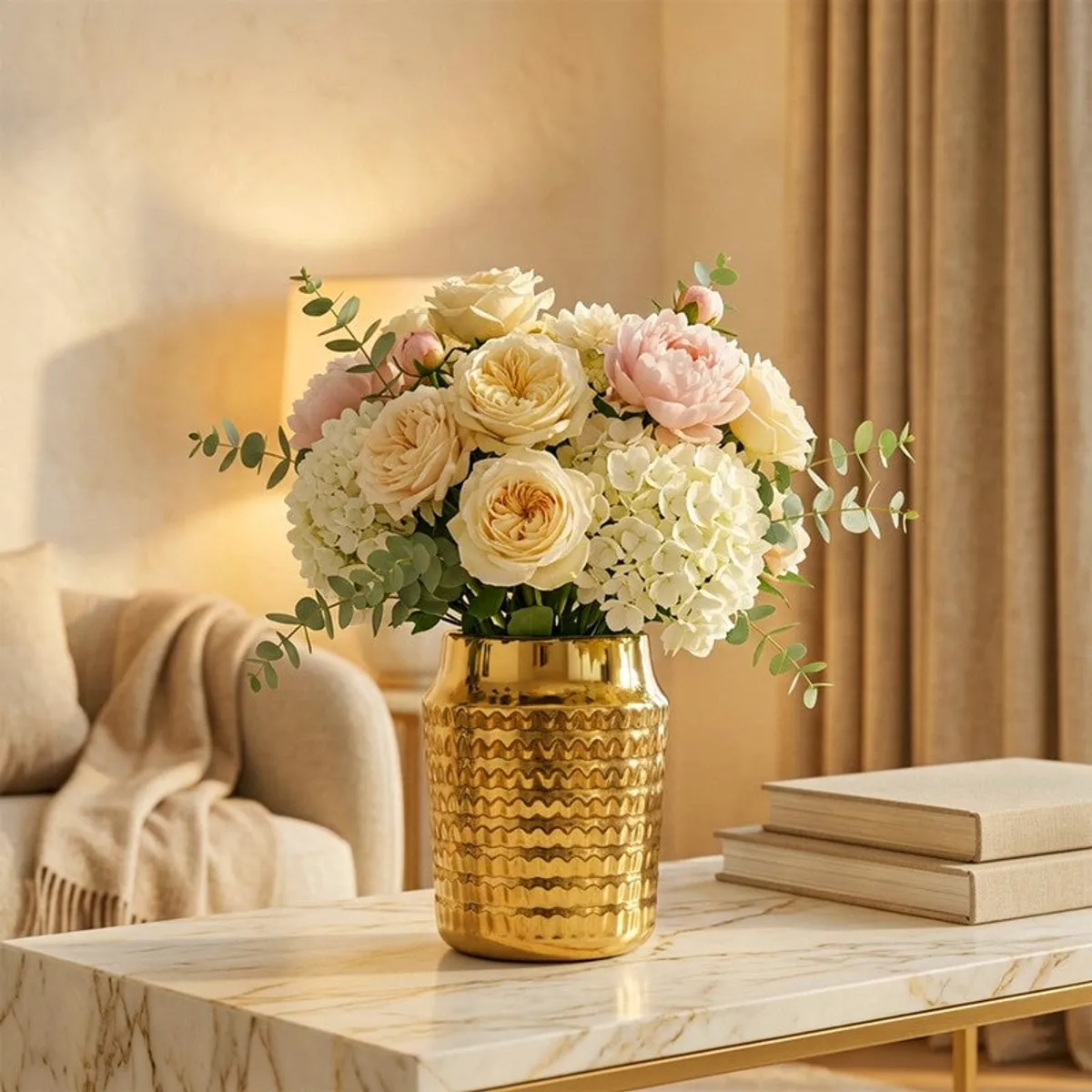 Gold ribbed ceramic vase with a pastel floral arrangement on a marble table.