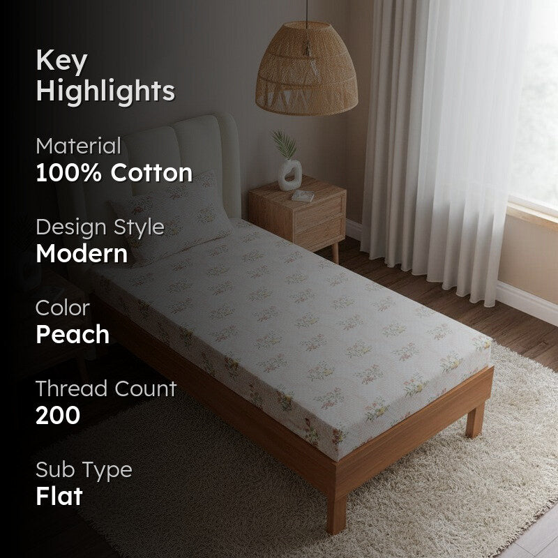 Floral Rush Printed Cotton Bedsheet (Peach) - 200 TC media 2