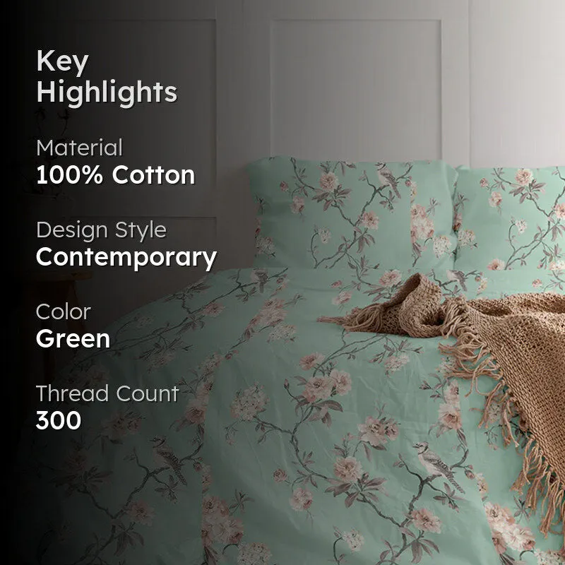 Cherry Blossom Printed Cotton Duvet Cover - Green media 2