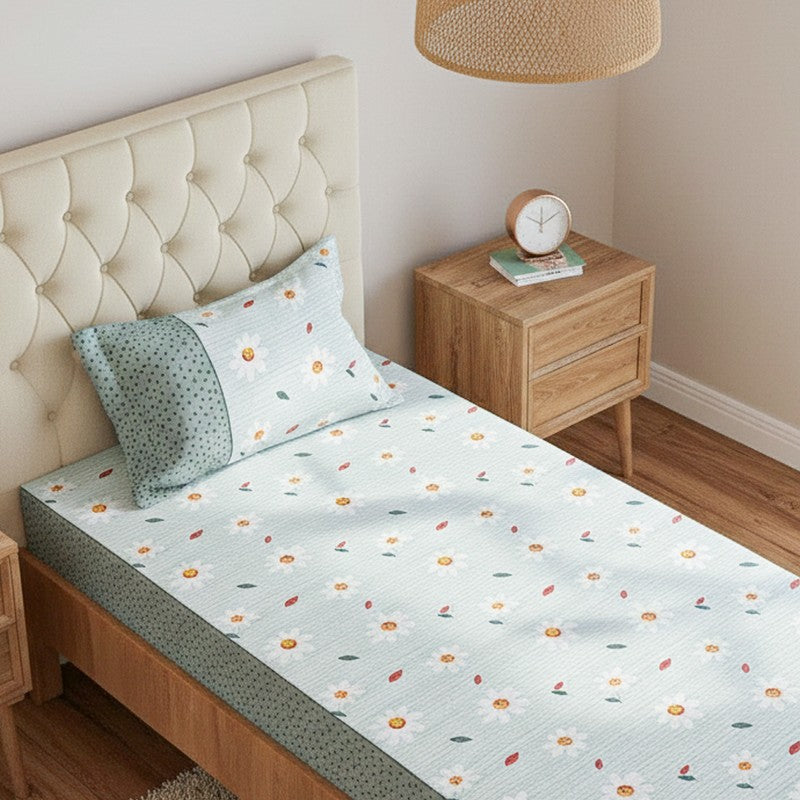 Daisy Blush Printed Cotton Bedsheet (Teal) - 200 TC media 3