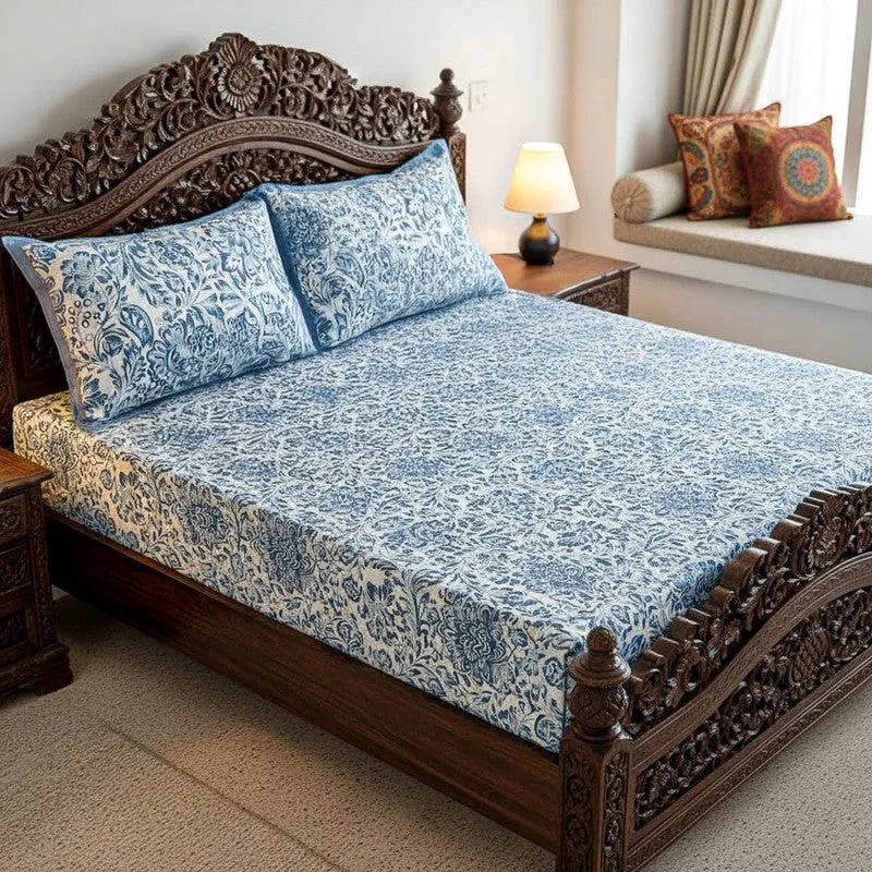 Micola Floral Printed Cotton Bedsheet (Blue) - 120 TC media 1