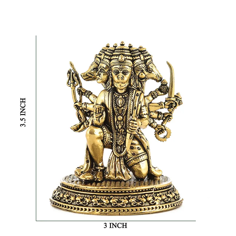 Front view of the brass Panchmukhi Hanuman idol with size guide