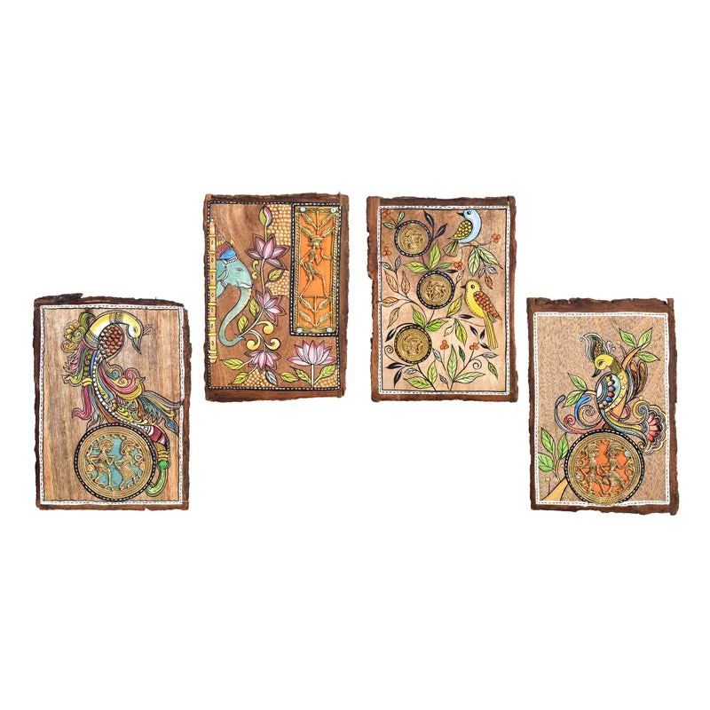 Four rectangular framed bird-themed wall paintings displayed against a white background