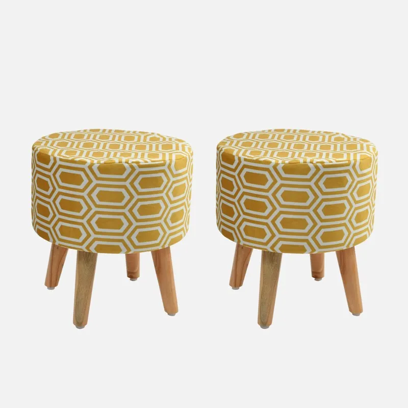 Hexora Yellow Box Print Multicolor Engineered Wood Ottomans - Set Of Two media 3