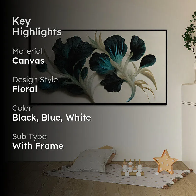 Ebony Indigo Blooms Floral Canvas Wall Painting With Frame - Black media 2