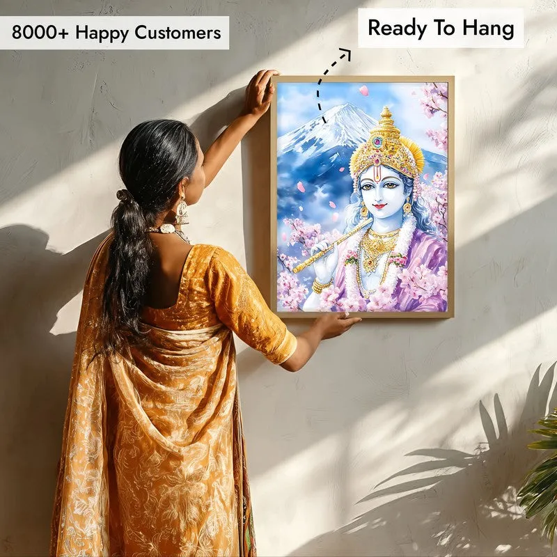 Govardhana Giridhari Spiritual Archival Paper Wall Painting - Natural Brown Frame media 7