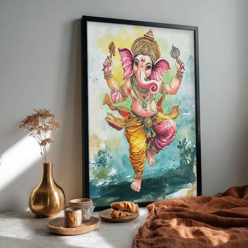 Nritya Ganesha Spiritual Archival Paper Wall Painting With Frame - Black media 5