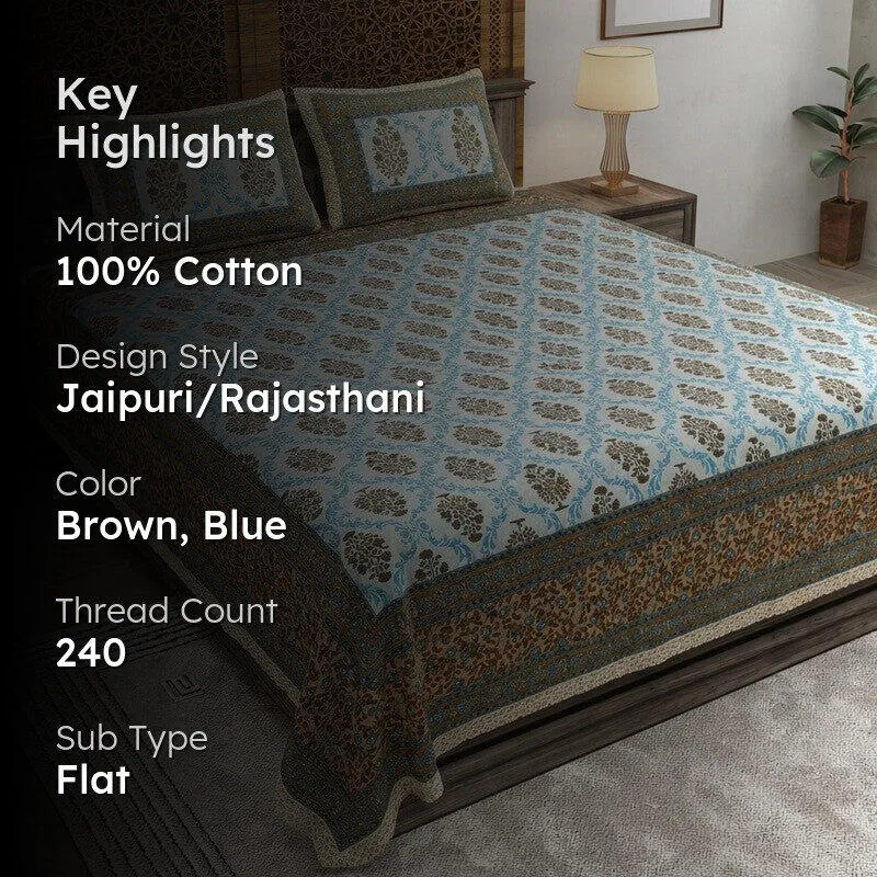 Floraa Cotton Bedsheet (Brown,Blue) - 240 TC media 2