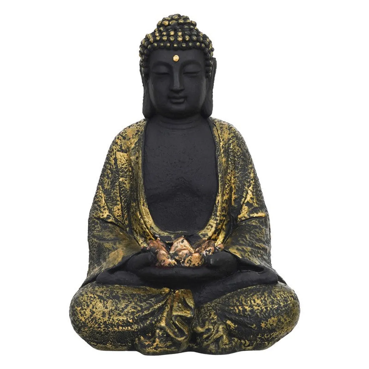 Front studio view of a black and gold Buddha tea light candle holder