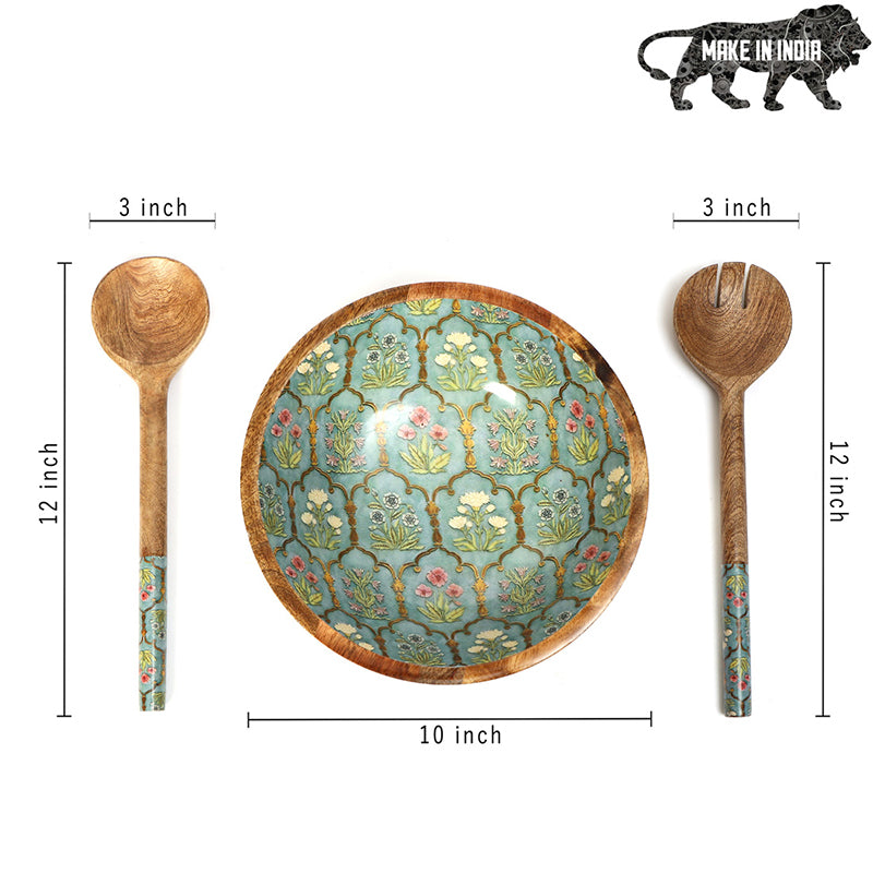 Fleur Jharokha Enamel Coated Mango Wood Salad Bowl With Cutlery (900 mL) - Three Piece Set media 8