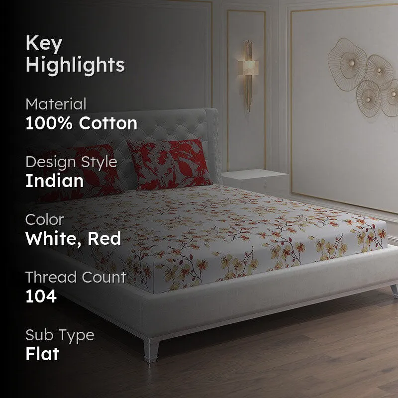 Monte Carlo Floraline Cotton Bedsheet (White,Red) - 104 TC media 2