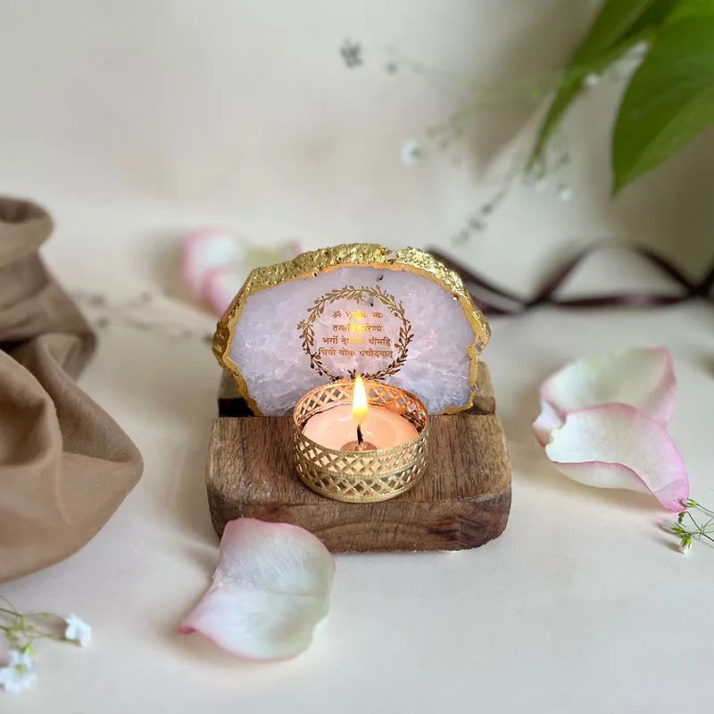 Gayathri Mantra Handcrafted Agate Religious Accent With Tealight Candle Holder - White media 4