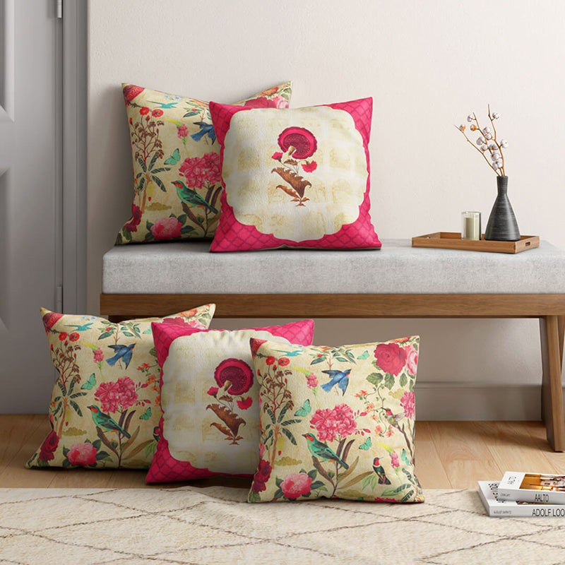 India Circus Poppy Wing Printed Velvet Cushion Cover - Set Of Five media 3