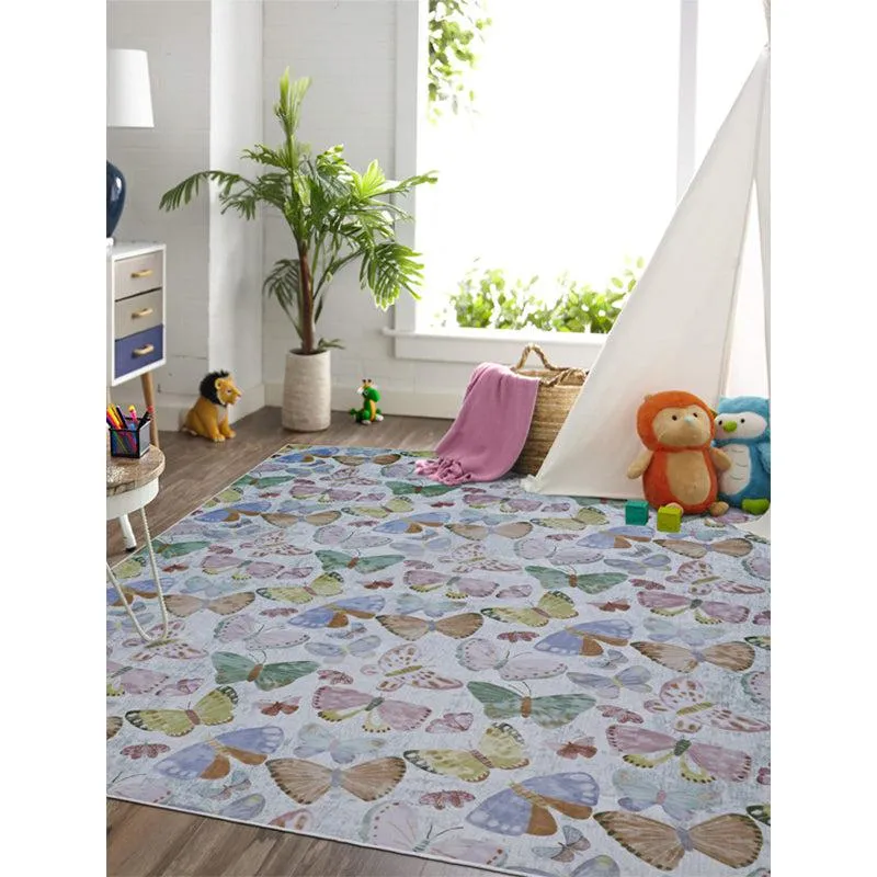 Butterfly print rectangular carpet in a pastel-toned kids' room