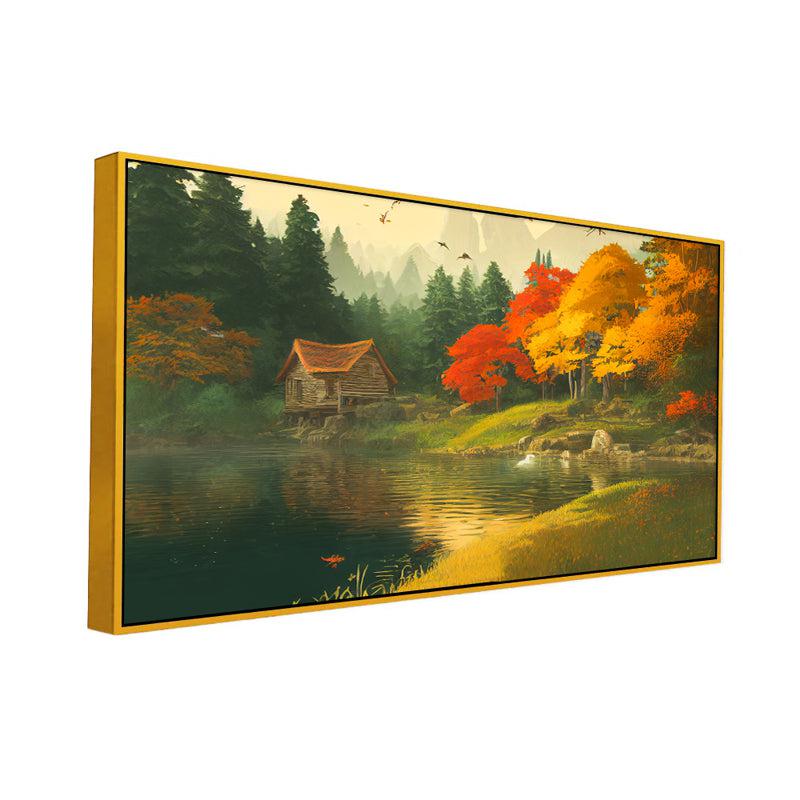 Autumn Cottage Lake Canvas Wall Painting With Gold Frame media 4