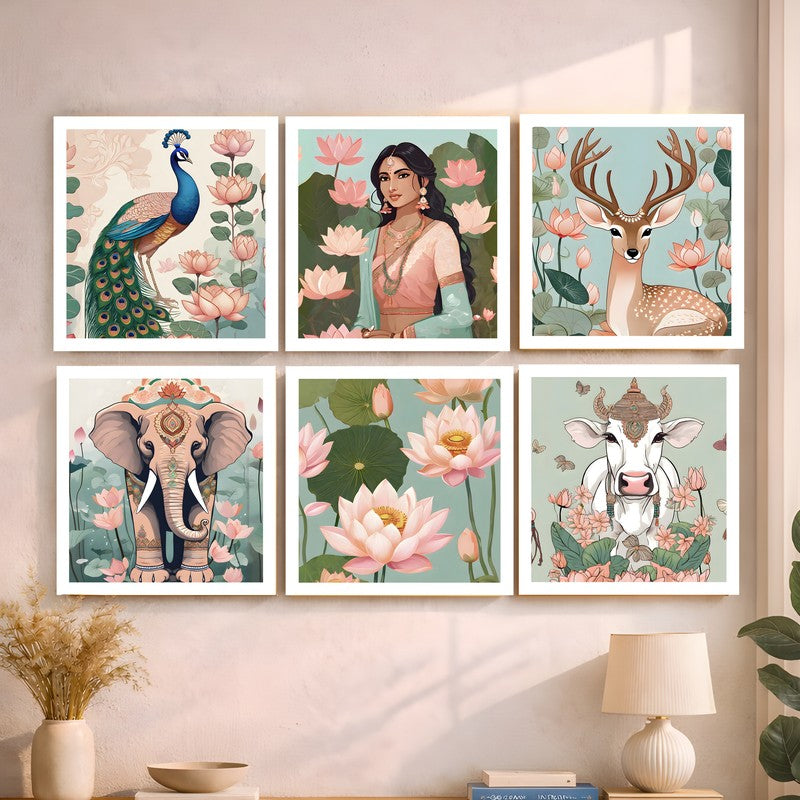 Temple Garden Paper Wall Painting With Frame - Set Of Six
