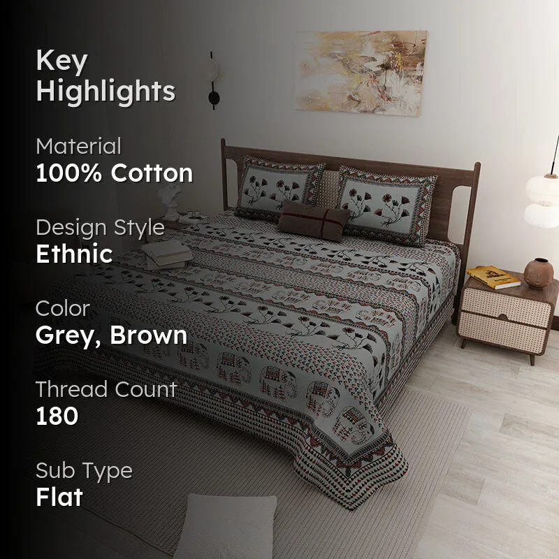 Aashvi Ethnic Cotton Bedsheet (Grey) - 180 TC media 2