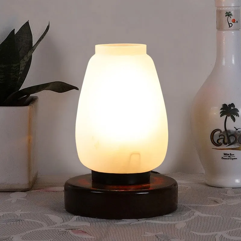Glowflare Glass Table Lamp With Wooden Base - White & Brown media 3