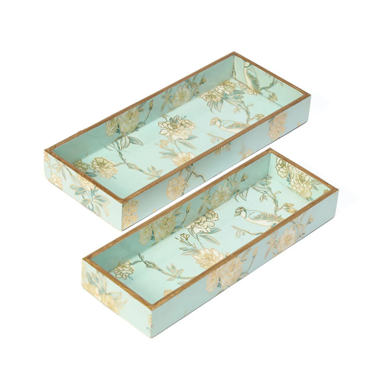Two matching blue rectangular trays displayed separately with floral and bird designs.