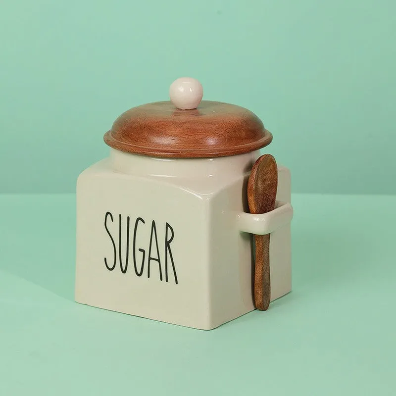 Ivory Ceramic Kitchen Storage Jar with Mango Wood Lid (1000 mL Each) - Set Of Three media 7