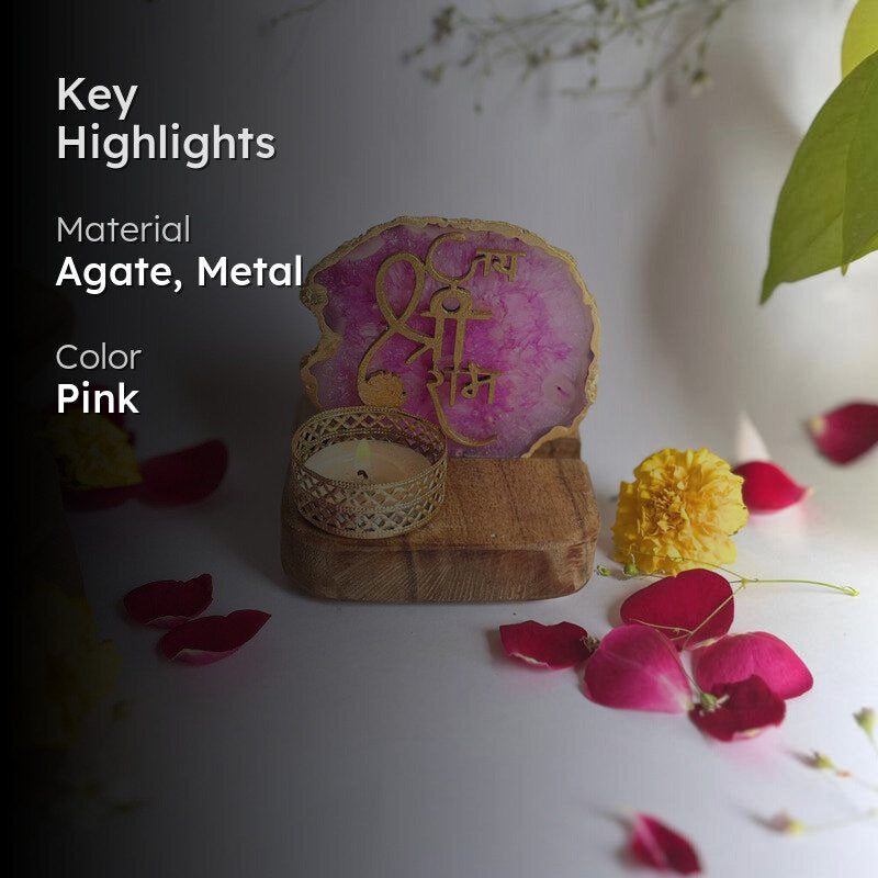 Jai Shri Ram Handcrafted Agate Religious Accent With Tealight Candle Holder - Pink media 2