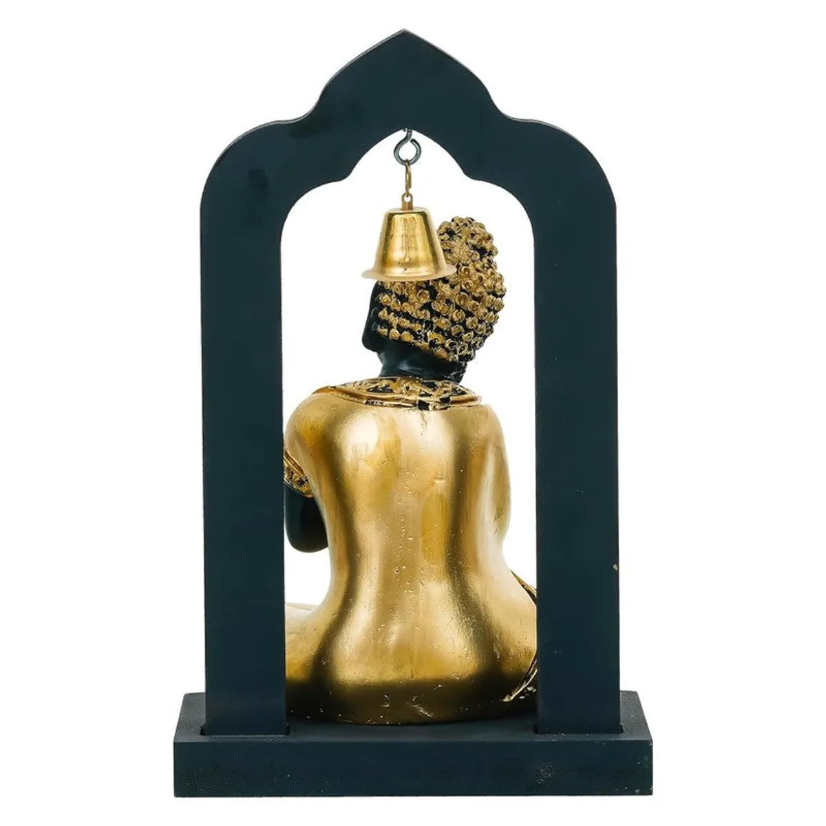 Rear view of Buddha idol within black wooden frame with hanging bell