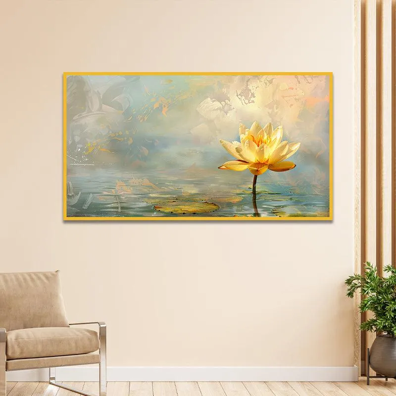 Luminous Lotus Floral Canvas Wall Painting With Frame - Gold media 1