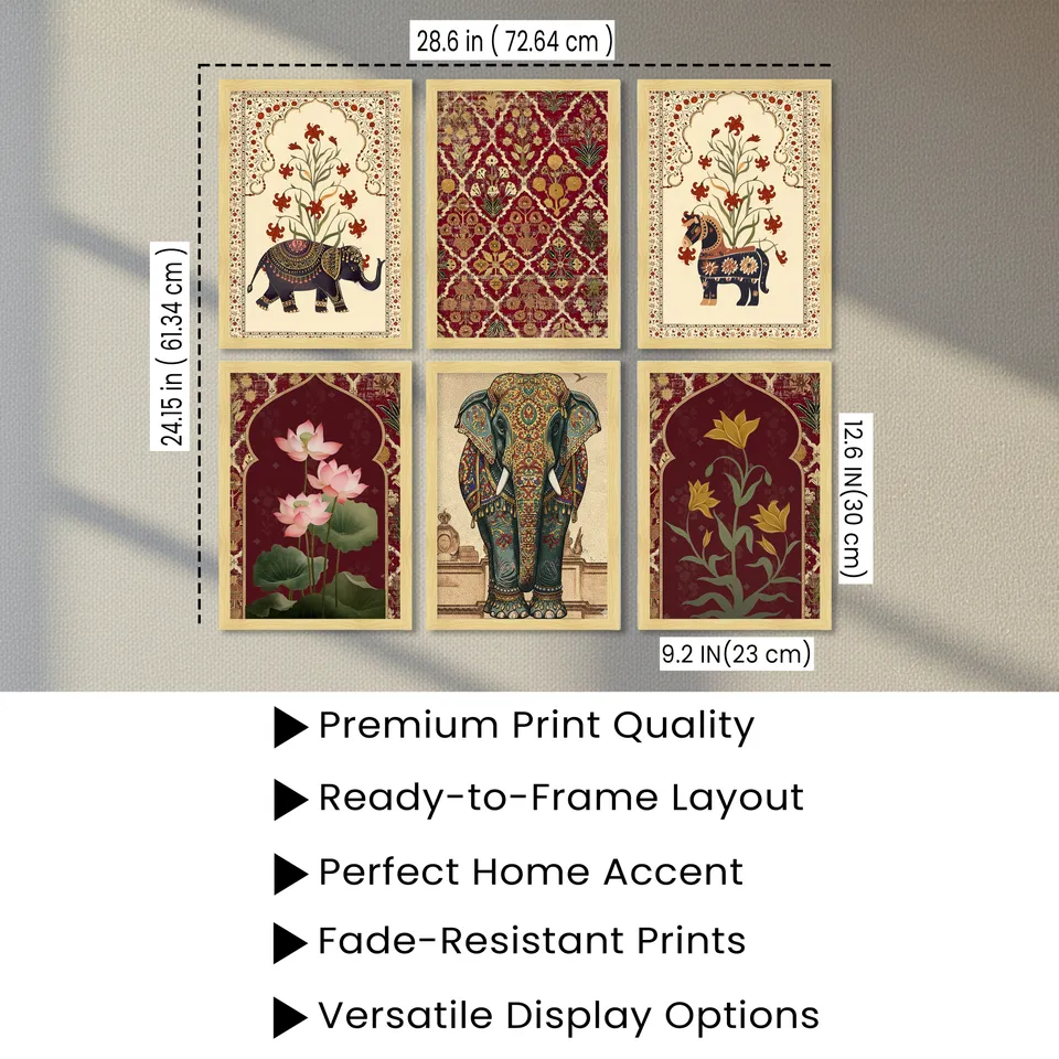 Elephant Motif Ethnic Paper Wall Painting Set With Frame - Set Of Six media 4