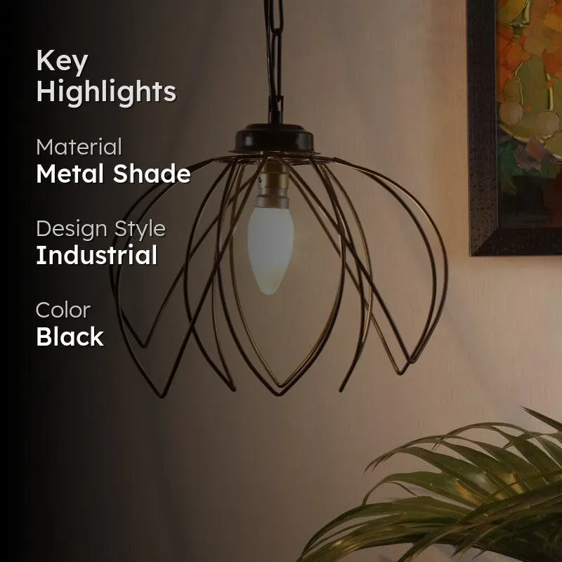 Black metal ceiling lamp in a styled room setting