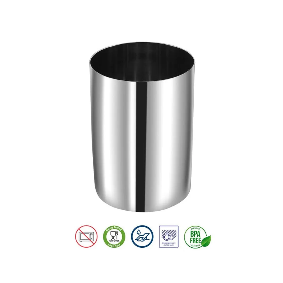 Single glossy silver cylindrical glass shown against a white background