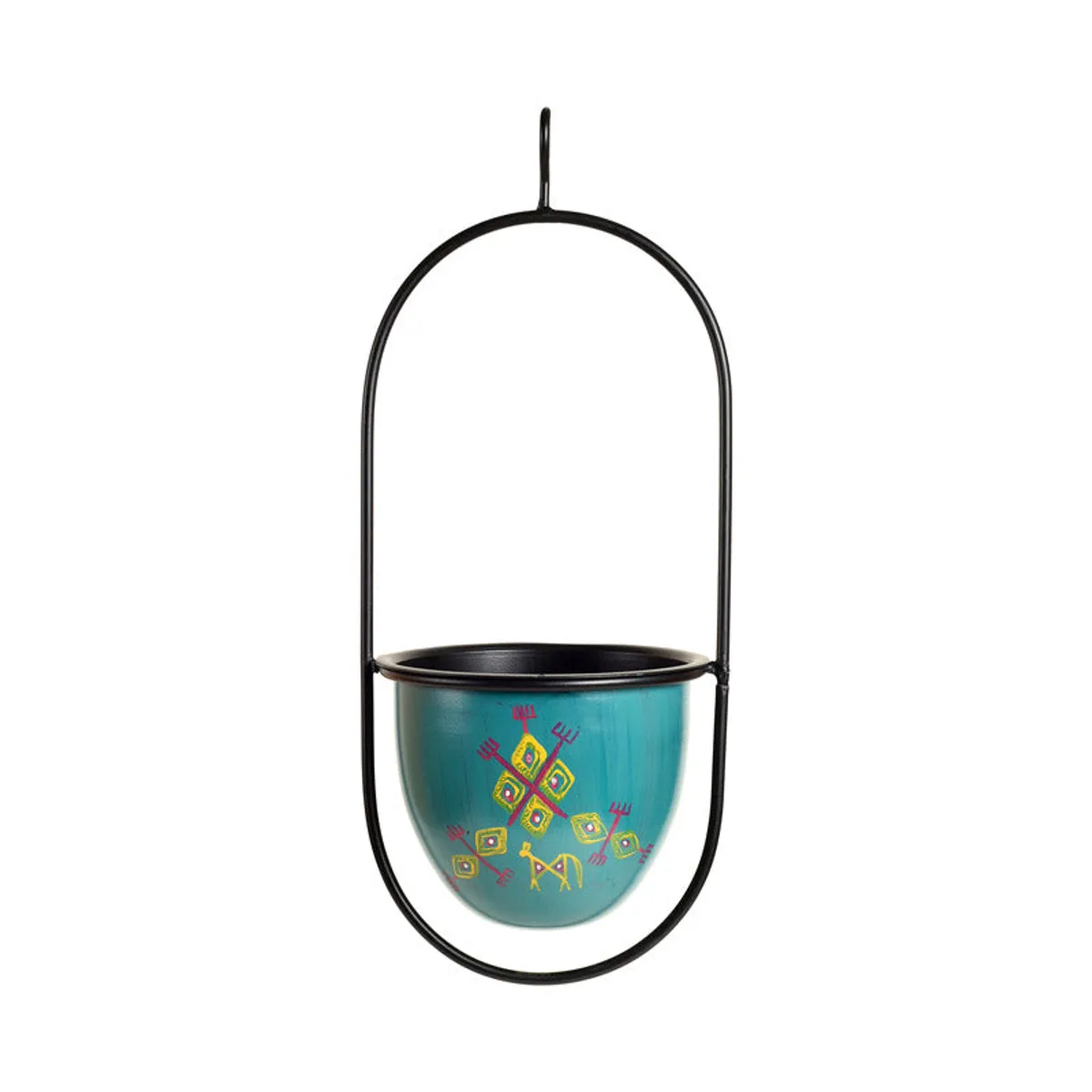 Blue metal hanging planter with colourful tribal motif