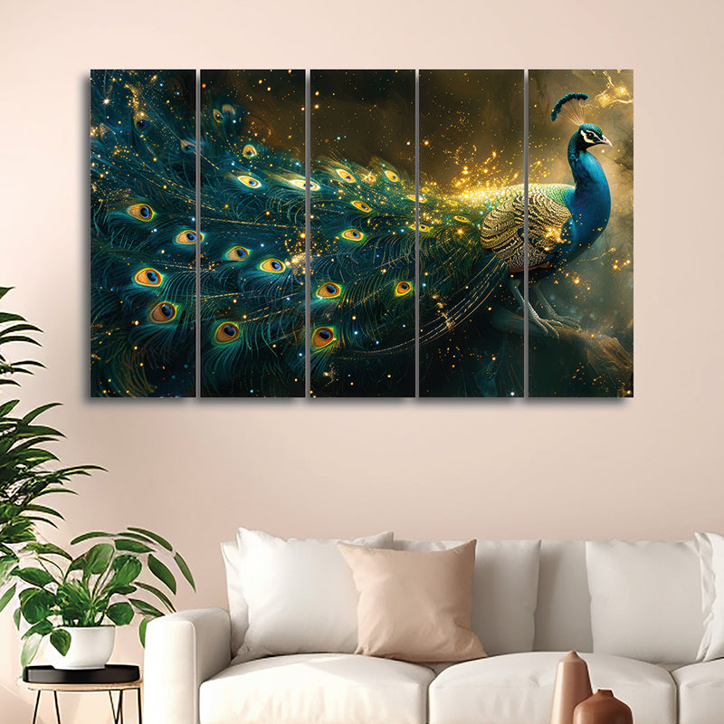 Gilded Peacock Canvas Wall Art - Set Of Five
