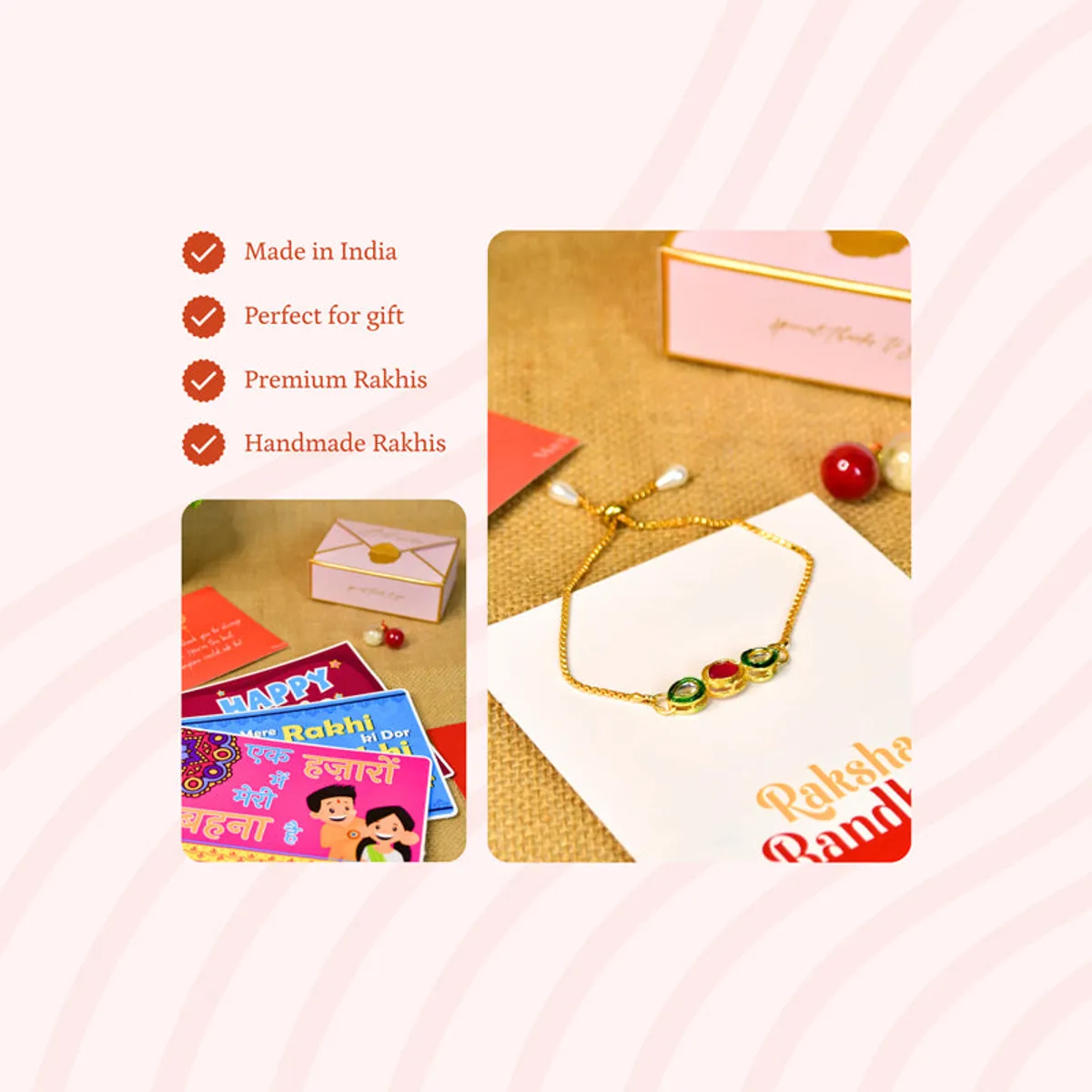 Festive collage showing rakhi hamper elements with a pink box and colourful cards