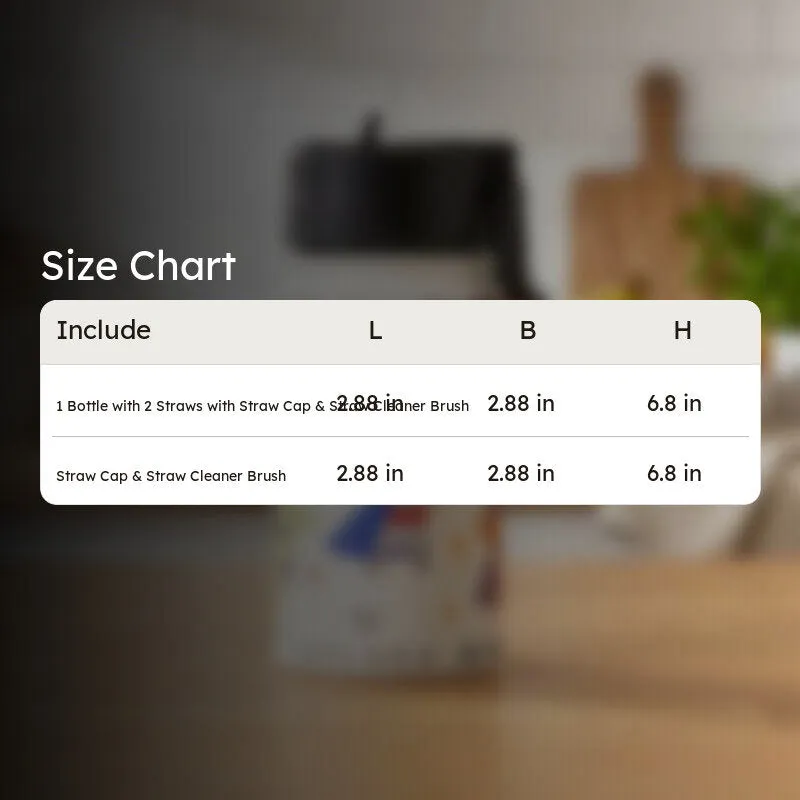 Size chart graphic for the bottle on a blurred background