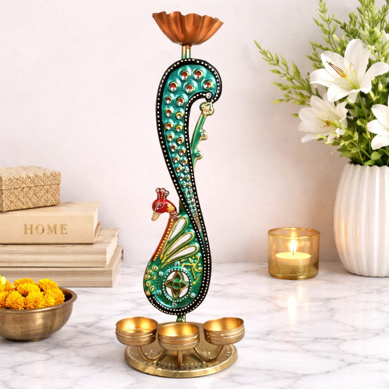 Peacock Majesty Quad Slot Iron Tea Light Candle Holder
