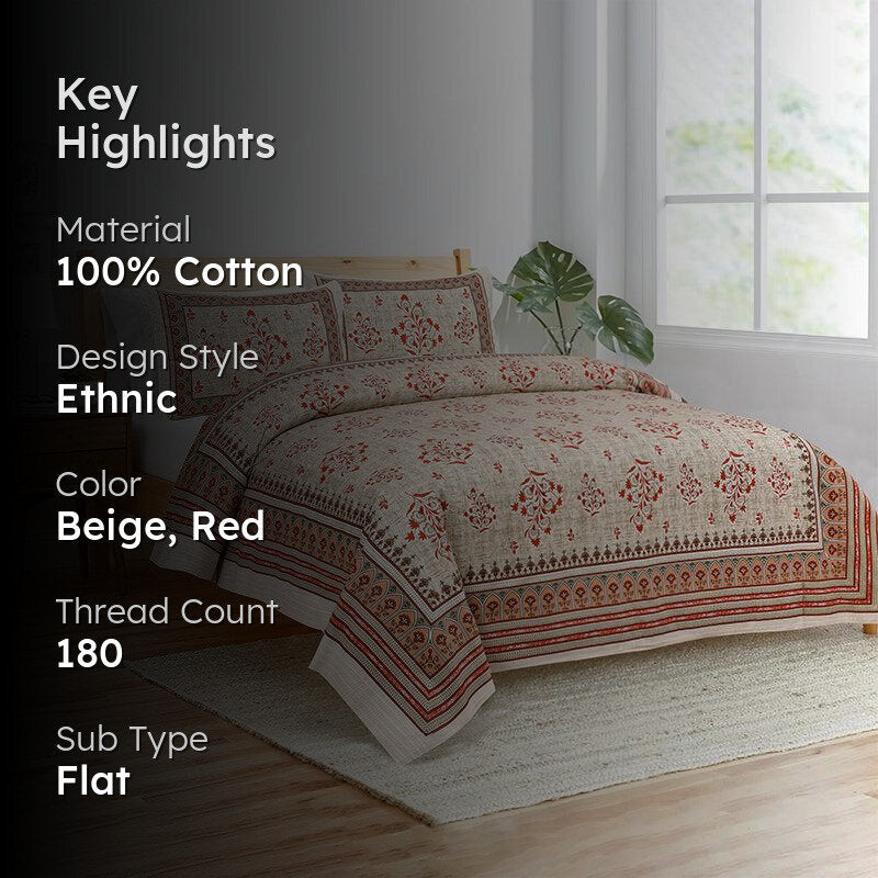 Lambo Ethnic Cotton Bedsheet (Beige,Red) - 180 TC media 2