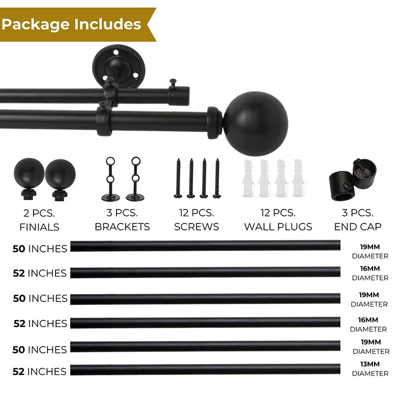 Orbette Duo Extendable 1" Double Curtain Rods With Round Finial & Brackets media 5