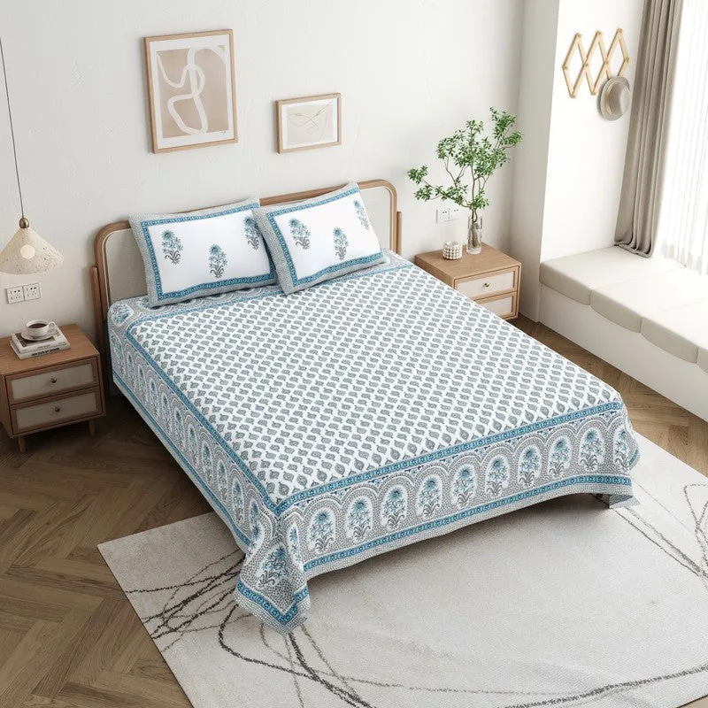 OvoFloro Handblock Printed Cotton Bedsheet (Blue) - 400 TC media 1