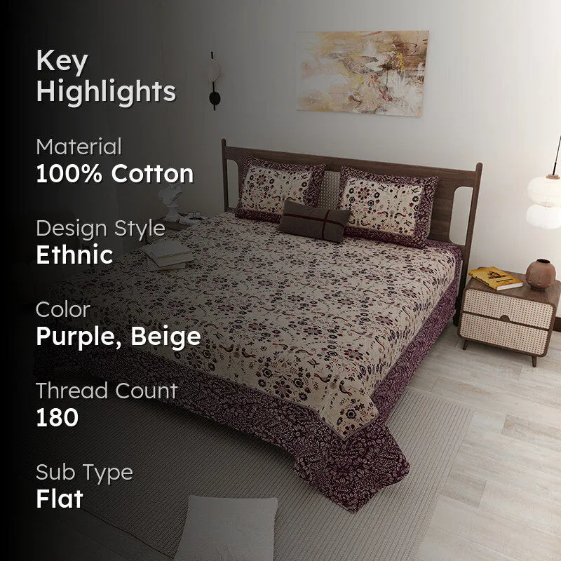 Aasiya Ethnic Cotton Bedsheet (Purple,Beige) - 180 TC media 2