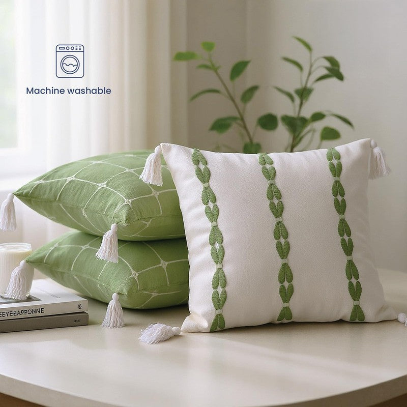 Urban Space SoftWeft White,Green Cotton Cushion Cover Set -  Set of Three media 4