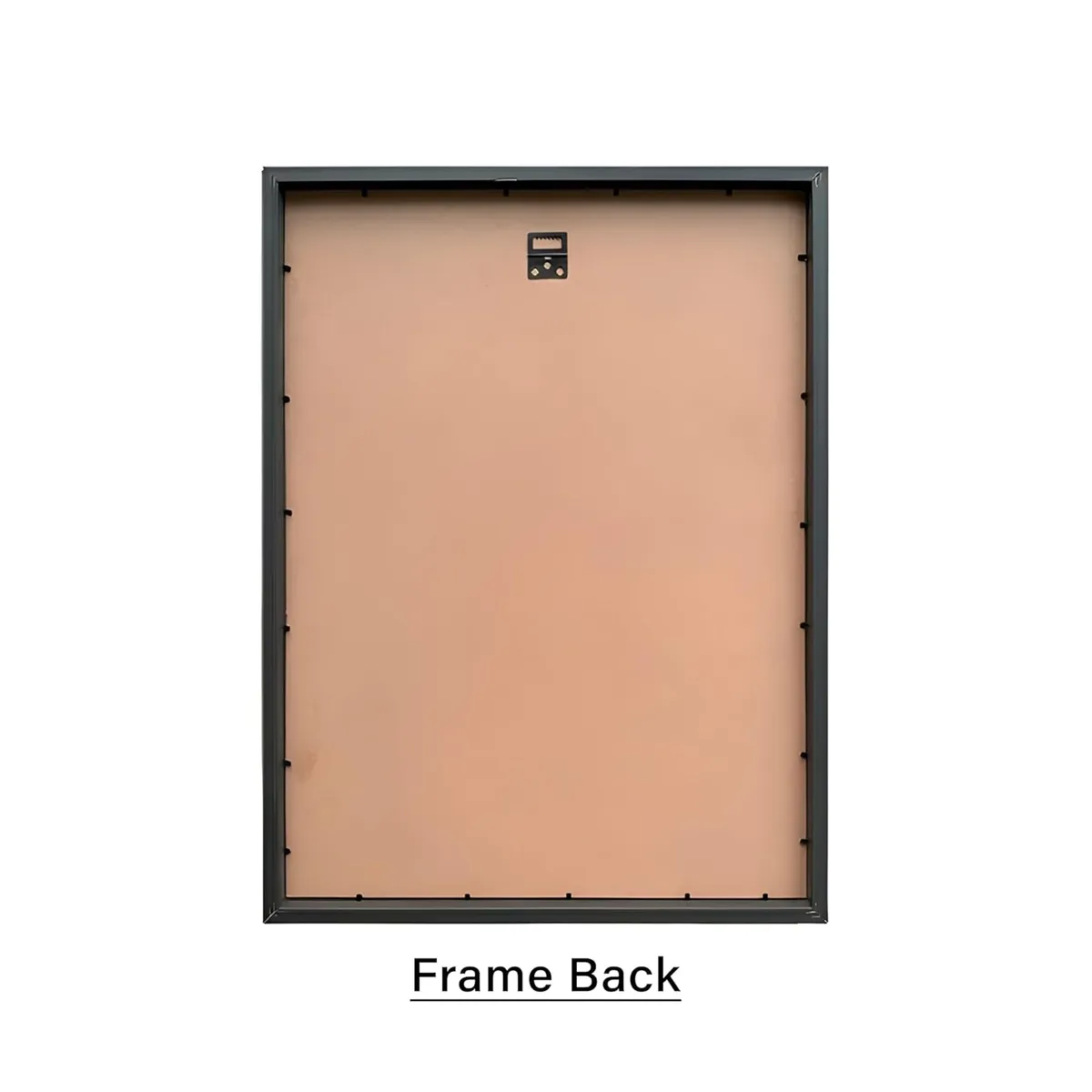 Back view of a black photo frame with hanging hardware.