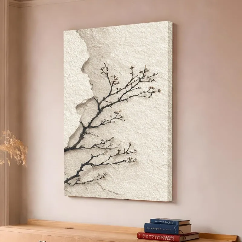 Angled view of abstract branch canvas wall art displayed above a wooden console
