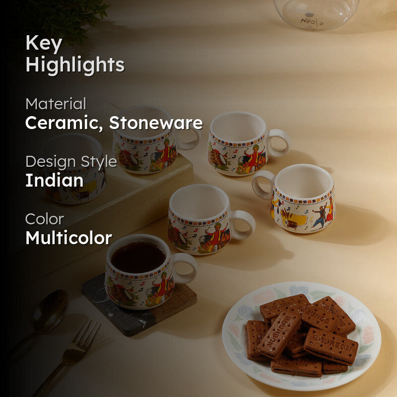 Phulkari Ceramic,Stoneware Tea Cup (120 mL Each) - Set Of Six media 2