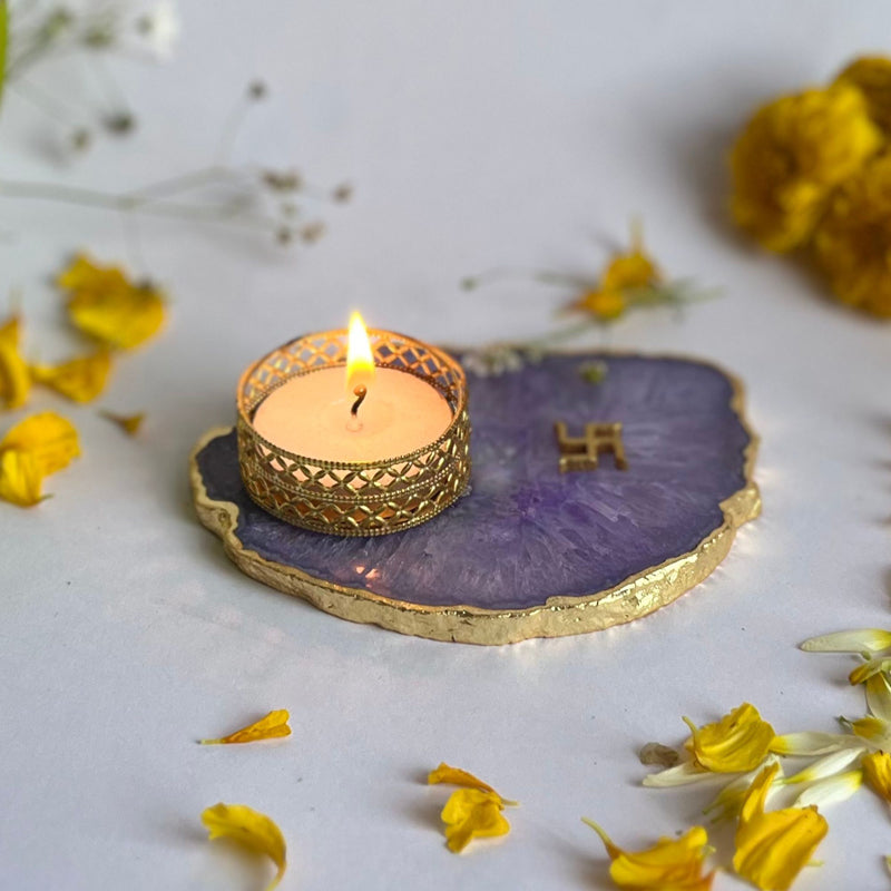 Swastik Handcrafted Agate Tealight Candle Holder - Purple media 4