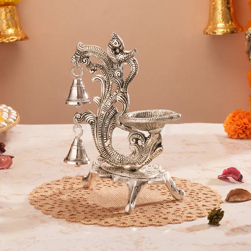 Chandrika Metal Diya with Bells - Silver Finish media 1